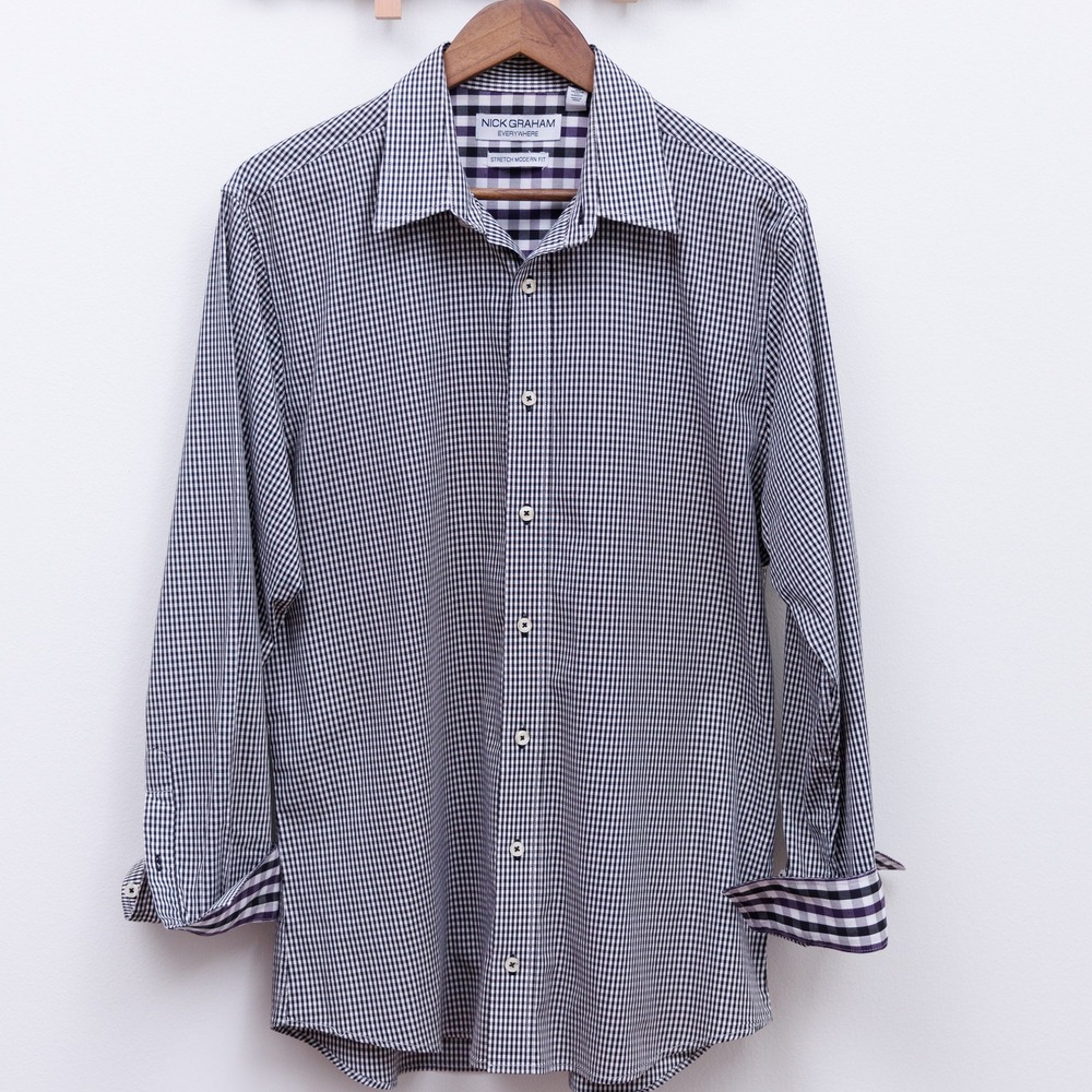Nick Graham Everywhere Mens Stretch Modern Fit Gingham Button Down Shirt Navy L